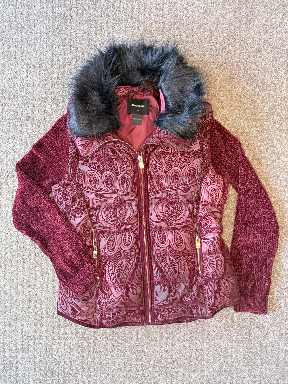 Desigual 2 in 1 Floral Quilted Jacket with detachable sleeves & Faux Fur Collar